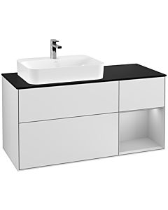 Villeroy und Boch Finion Waschtischunterschrank G402GJMT 120cm, Abdeckplatte black matt, Emotion, Regal rechts Light grey matt, White matt lacquer