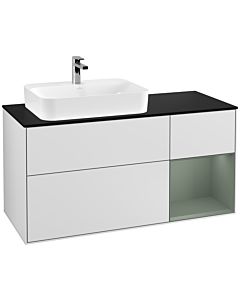 Villeroy und Boch Finion Waschtischunterschrank G402GMMT 120cm, Abdeckplatte black matt, Emotion, Regal rechts Olive Matt Lacquer, White matt lacquer
