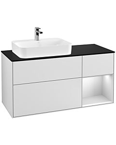 Villeroy und Boch Finion Villeroy und Boch G402MTMT 120cm, plaque de finition noir mat, Emotion, étagère à droite laqué blanc mat, laqué blanc mat