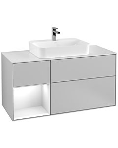 Villeroy und Boch Finion Villeroy und Boch G411GFGJ 120cm, plaque de finition blanc mat, Emotion, étagère gauche laqué blanc brillant, gris clair mat