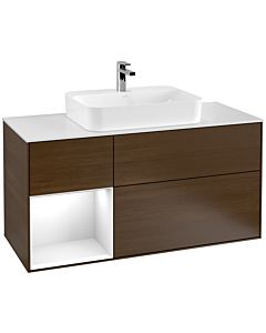 Villeroy und Boch Finion Villeroy und Boch G411GFGN 120cm, plaque de finition blanc mat, émotion, étagère à gauche laqué blanc brillant, placage noyer