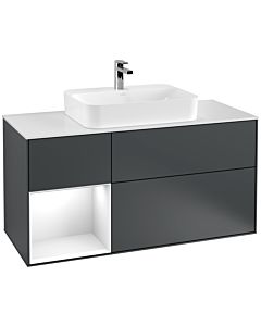 Villeroy und Boch Finion Villeroy und Boch G411GFHG 120cm, plaque de finition blanc mat, Emotion, étagère gauche laqué blanc brillant, Midnight Blue Matt Lacquer