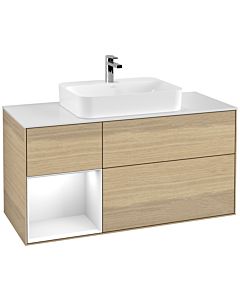 Villeroy und Boch Finion Villeroy und Boch G411GFPC 120cm, plaque de finition blanc mat, Emotion, étagère gauche laqué blanc brillant, Oak Veneer