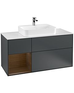 Villeroy und Boch Finion Waschtischunterschrank G411GNHG 120cm, Abdeckplatte white matt, Emotion, Regal links Walnut veneer, Midnight Blue Matt Lacquer