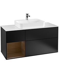 Villeroy und Boch Finion Waschtischunterschrank G411GNPD 120cm, Abdeckplatte white matt, Emotion, Regal links Walnut veneer, Black matt lacquer