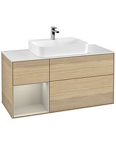 Villeroy und Boch Finion Waschtischunterschrank G411HHPC 120cm, Abdeckplatte white matt, Emotion, Regal links Sand Matt Lacquer, Oak Veneer