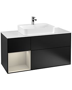 Villeroy und Boch Finion Villeroy und Boch G411HHPD 120cm, plaque de recouvrement blanc mat, Emotion, étagère à gauche Sand Matt Lacquer , laqué noir mat