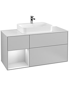 Villeroy und Boch Finion Villeroy und Boch G411MTGJ 120cm, plaque de recouvrement blanc mat, Emotion, étagère gauche laqué blanc mat, gris clair mat