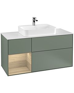Villeroy und Boch Finion Waschtischunterschrank G411PCGM 120cm, Abdeckplatte white matt, Emotion, Regal links Oak Veneer, Olive Matt Lacquer