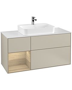 Villeroy und Boch Finion Waschtischunterschrank G411PCHH 120cm, Abdeckplatte white matt, Emotion, Regal links Oak Veneer, Sand Matt Lacquer
