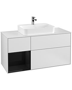 Villeroy und Boch Finion Waschtischunterschrank G411PHMT 120cm, Abdeckplatte white matt, Emotion, Regal links Glossy Black Lacquer, White matt lacquer