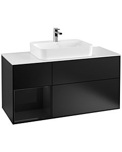 Villeroy und Boch Finion Waschtischunterschrank G411PHPD 120cm, Abdeckplatte white matt, Emotion, Regal links Glossy Black Lacquer, Black matt lacquer
