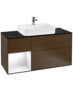 Villeroy und Boch Finion Villeroy und Boch Finion G412GFGN 120cm, cover plate black matt, Emotion, shelf on the left glossy white lacquer, walnut veneer
