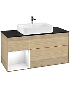 Villeroy und Boch Finion Waschtischunterschrank G412GFPC 120cm, Abdeckplatte black matt, Emotion, Regal links Glossy white lacquer, Oak Veneer