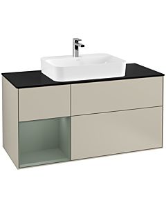 Villeroy und Boch Finion Waschtischunterschrank G412GMHH 120cm, Abdeckplatte black matt, Emotion, Regal links Olive Matt Lacquer, Sand Matt Lacquer
