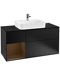 Villeroy und Boch Finion Waschtischunterschrank G412GNPD 120cm, Abdeckplatte black matt, Emotion, Regal links Walnut veneer, Black matt lacquer