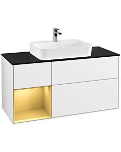 Villeroy und Boch Finion Waschtischunterschrank G412HFGF 120cm, Abdeckplatte black matt, Emotion, Regal links Gold matt, Glossy white lacquer