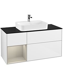 Villeroy und Boch Finion Waschtischunterschrank G412HHGF 120cm, Abdeckplatte black matt, Emotion, Regal links Sand Matt Lacquer, Glossy white lacquer