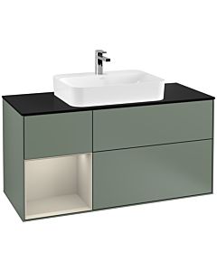 Villeroy und Boch Finion Waschtischunterschrank G412HHGM 120cm, Abdeckplatte black matt, Emotion, Regal links Sand Matt Lacquer, Olive Matt Lacquer