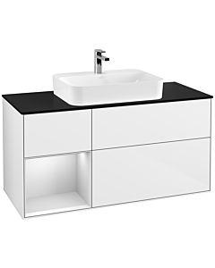 Villeroy und Boch Finion Waschtischunterschrank G412MTGF 120cm, Abdeckplatte black matt, Emotion, Regal links White matt lacquer, Glossy white lacquer