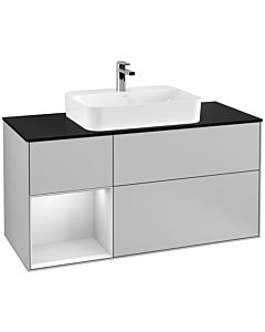 Villeroy und Boch Finion Villeroy und Boch G412MTGJ 120cm, plaque de finition noir mat, Emotion, étagère gauche laqué blanc mat, gris clair mat