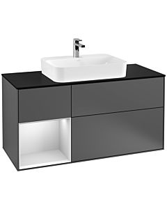 Villeroy und Boch Finion Waschtischunterschrank G412MTGK 120cm, Abdeckplatte black matt, Emotion, Regal links White matt lacquer, Anthracite matt