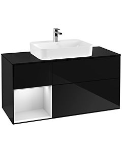 Villeroy und Boch Finion Waschtischunterschrank G412MTPH 120cm, Abdeckplatte black matt, Emotion, Regal links White matt lacquer, Glossy Black Lacquer