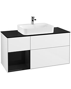 Villeroy und Boch Finion Waschtischunterschrank G412PHGF 120cm, Abdeckplatte black matt, Emotion, Regal links Glossy Black Lacquer, Glossy white lacquer