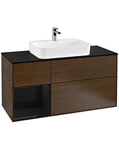 Villeroy und Boch Finion Waschtischunterschrank G412PHGN 120cm, Abdeckplatte black matt, Emotion, Regal links Glossy Black Lacquer, Walnut veneer