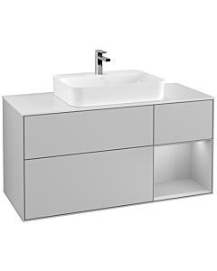 Villeroy und Boch Finion Villeroy und Boch G421GJGJ 120cm, plaque de recouvrement blanc mat, Emotion, étagère à droite gris clair mat, gris clair mat