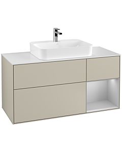 Villeroy und Boch Finion Waschtischunterschrank G421GJHH 120cm, Abdeckplatte white matt, Emotion, Regal rechts Light grey matt, Sand Matt Lacquer