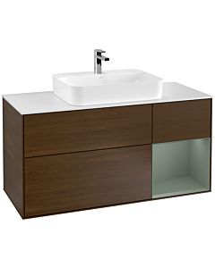 Villeroy und Boch Finion Waschtischunterschrank G421GMGN 120cm, Abdeckplatte white matt, Emotion, Regal rechts Olive matt, Walnut veneer