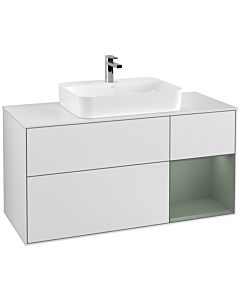 Villeroy und Boch Finion Waschtischunterschrank G421GMMT 120cm, Abdeckplatte white matt, Emotion, Regal rechts Olive matt, White matt lacquer