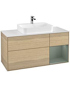 Villeroy und Boch Finion Waschtischunterschrank G421GMPC 120cm, Abdeckplatte white matt, Emotion, Regal rechts Olive matt, Oak Veneer
