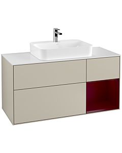 Villeroy und Boch Finion Waschtischunterschrank G421HBHH 120cm, Abdeckplatte white matt, Emotion, Regal rechts Peony matt, Sand Matt Lacquer