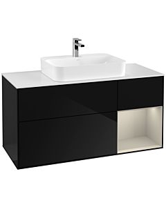 Villeroy und Boch Finion Waschtischunterschrank G421HHPH 120cm, Abdeckplatte white matt, Emotion, Regal rechts Sand matt, Glossy Black Lacquer