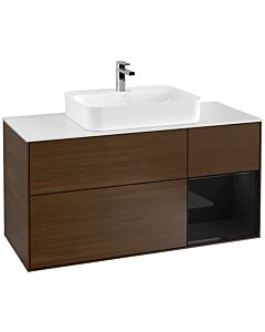 Villeroy und Boch Finion Waschtischunterschrank G421PHGN 120cm, Abdeckplatte white matt, Emotion, Regal rechts Glossy Black, Walnut veneer