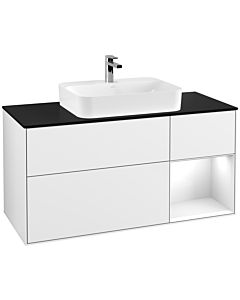Villeroy und Boch Finion Villeroy und Boch G422GFGF 120cm, plaque de finition noir mat, Emotion, étagère à droite Blanc brillant, Laque blanc brillant