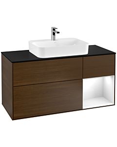 Villeroy und Boch Finion Waschtischunterschrank G422GFGN 120cm, Abdeckplatte black matt, Emotion, Regal rechts Glossy white, Walnut veneer