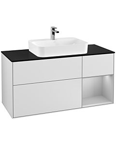 Villeroy und Boch Finion Waschtischunterschrank G422GJMT 120cm, Abdeckplatte black matt, Emotion, Regal rechts Light grey matt, White matt lacquer