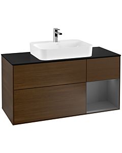 Villeroy und Boch Finion Waschtischunterschrank G422GKGN 120cm, Abdeckplatte black matt, Emotion, Regal rechts Anthracite matt, Walnut veneer