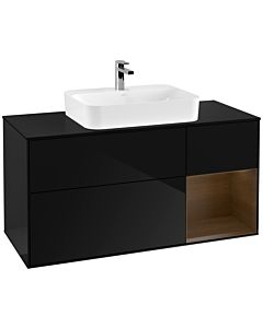 Villeroy und Boch Finion Waschtischunterschrank G422GNPH 120cm, Abdeckplatte black matt, Emotion, Regal rechts Walnut veneer, Glossy Black Lacquer
