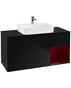 Villeroy und Boch Finion Waschtischunterschrank G422HBPH 120cm, Abdeckplatte black matt, Emotion, Regal rechts Peony matt, Glossy Black Lacquer