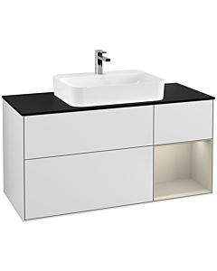 Villeroy und Boch Finion Waschtischunterschrank G422HHMT 120cm, Abdeckplatte black matt, Emotion, Regal rechts Sand matt, White matt lacquer