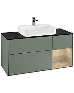 Villeroy und Boch Finion Waschtischunterschrank G422PCGM 120cm, Abdeckplatte black matt, Emotion, Regal rechts Oak veneer, Olive Matt Lacquer