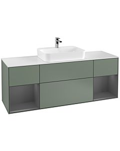 Villeroy und Boch Finion Waschtischunterschrank G451GKGM 160cm, Abdeckplatte white matt, Emotion, Regale Anthracite matt lacquer, Olive Matt Lacquer