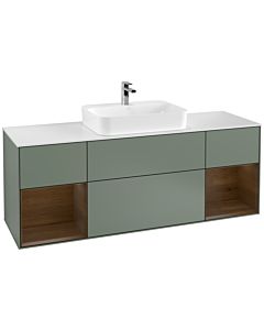 Villeroy und Boch Finion Waschtischunterschrank G451GNGM 160cm, Abdeckplatte white matt, Emotion, Regale Walnut veneer, Olive Matt Lacquer