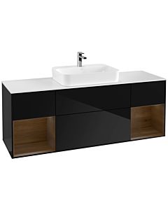 Villeroy und Boch Finion Waschtischunterschrank G451GNPH 160cm, Abdeckplatte white matt, Emotion, Regale Walnut veneer, Glossy Black Lacquer