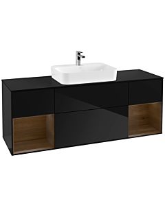 Villeroy und Boch Finion Waschtischunterschrank G452GNPH 160cm, Abdeckplatte black matt, Emotion, Regale Walnut veneer, Glossy Black Lacquer