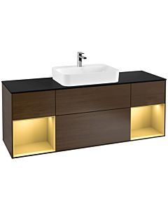 Villeroy und Boch Finion Waschtischunterschrank G452HFGN 160cm, Abdeckplatte black matt, Emotion, Regale Gold matt lacquer, Walnut veneer